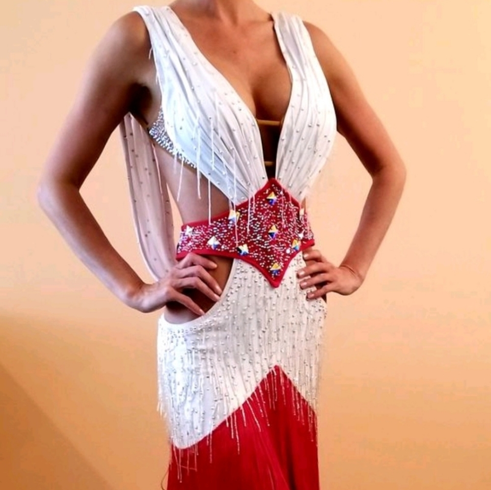 Dore Design White Latin Dress w/ Red Fringe